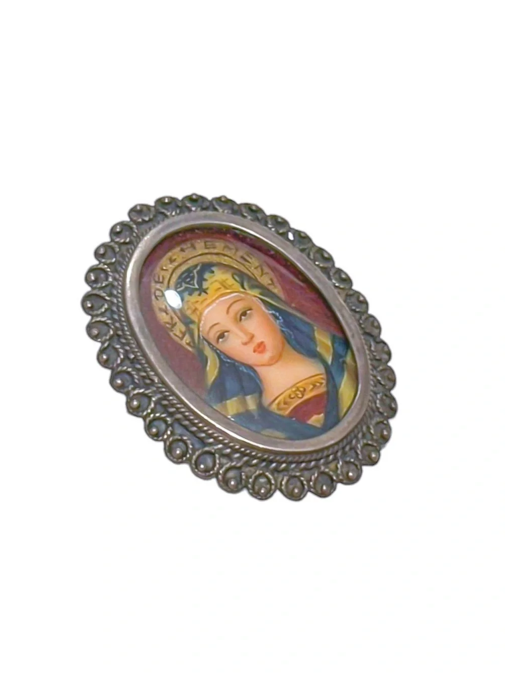 Vintage Filigree Silver 800 Framed Saint Portrait Brooch/Pin